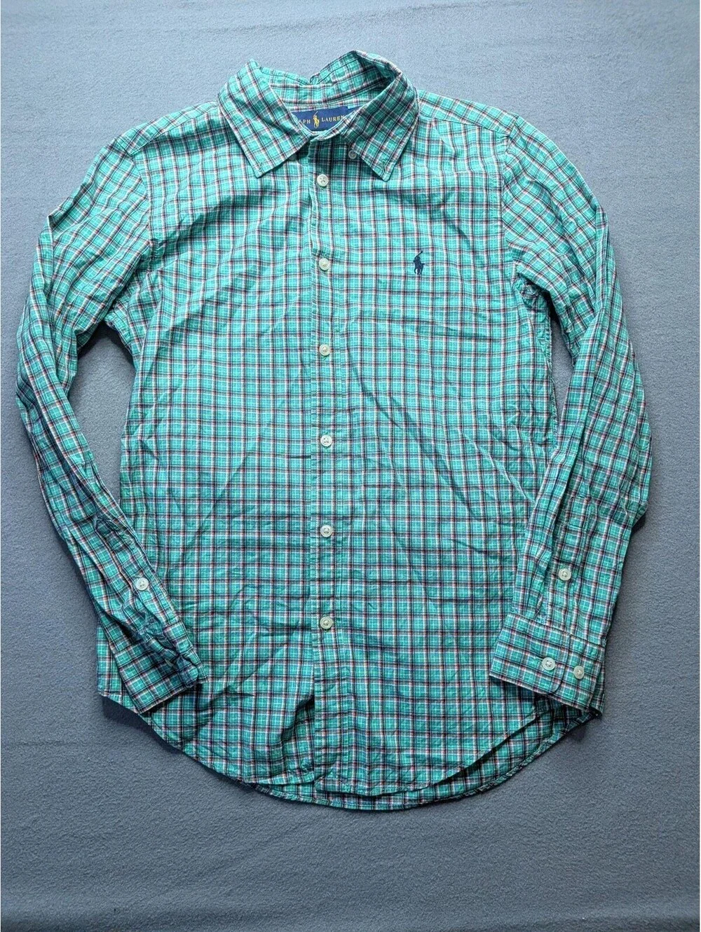 Ralph Lauren Shirt Boys 14-16 Green Plaid Button Front Long Sleeve Custom Fit